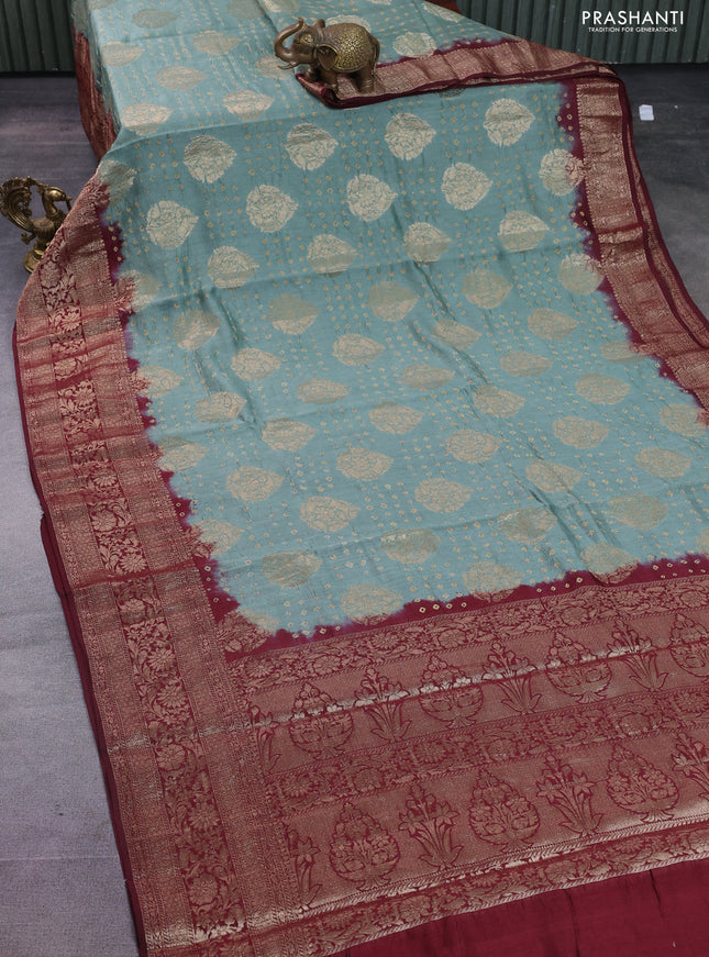Chiniya silk saree greyish green and maroon with allover zari buttas & bandhini prints and zari woven border