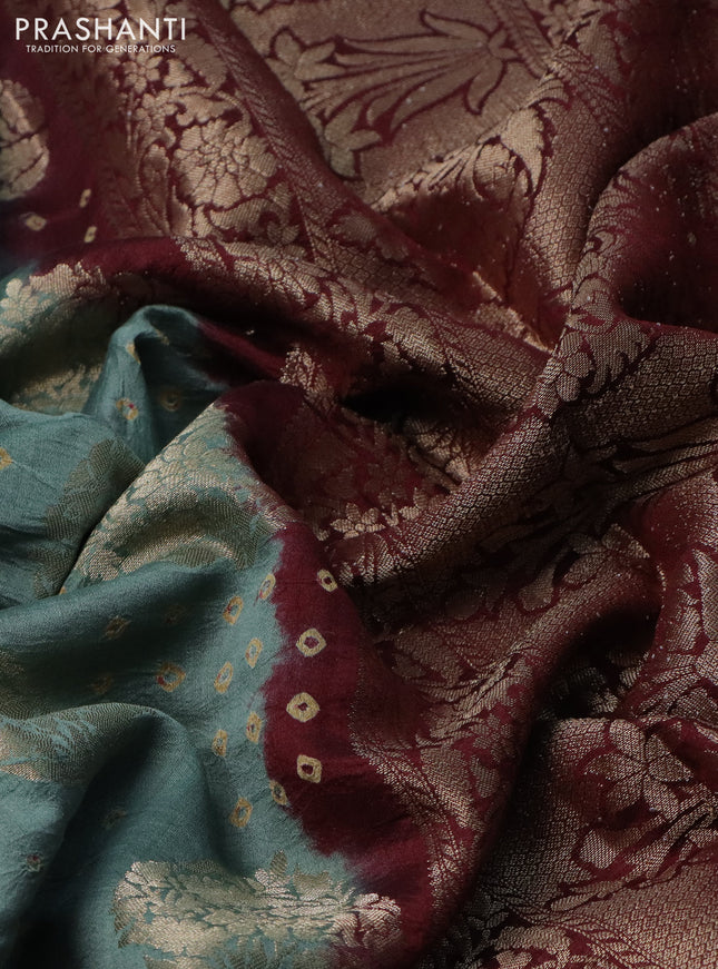 Chiniya silk saree greyish green and maroon with allover zari buttas & bandhini prints and zari woven border