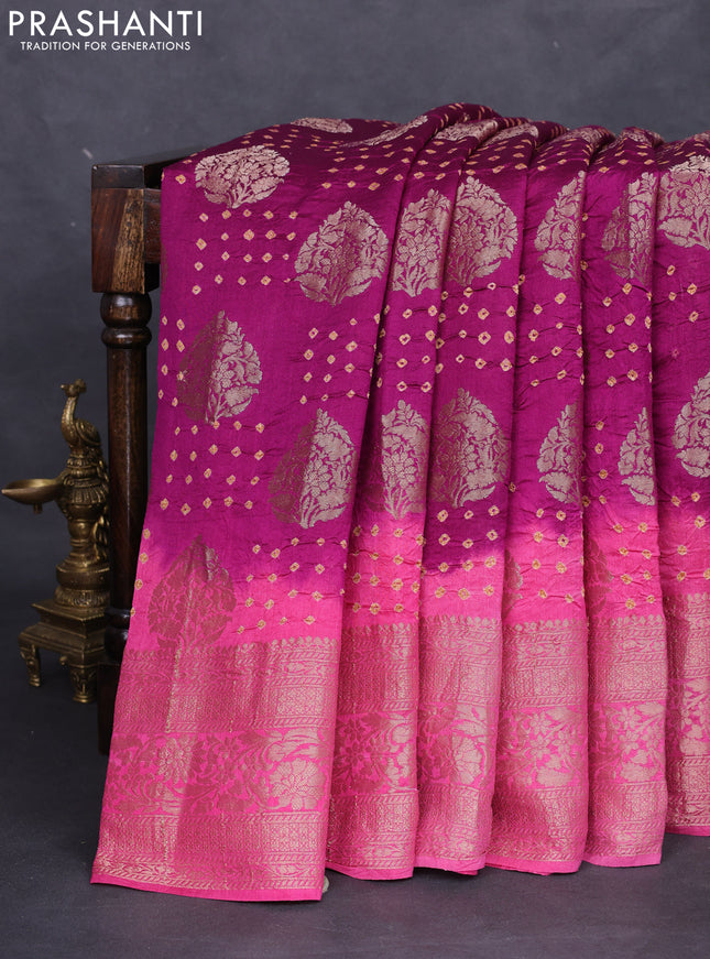 Chiniya silk saree purple and pink with allover zari buttas & bandhini prints and zari woven border