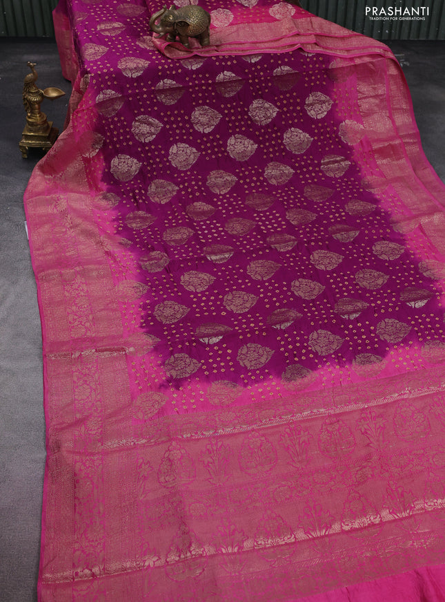 Chiniya silk saree purple and pink with allover zari buttas & bandhini prints and zari woven border
