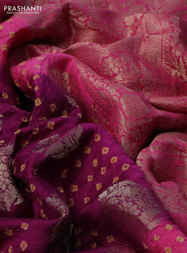 Chiniya silk saree purple and pink with allover zari buttas & bandhini prints and zari woven border