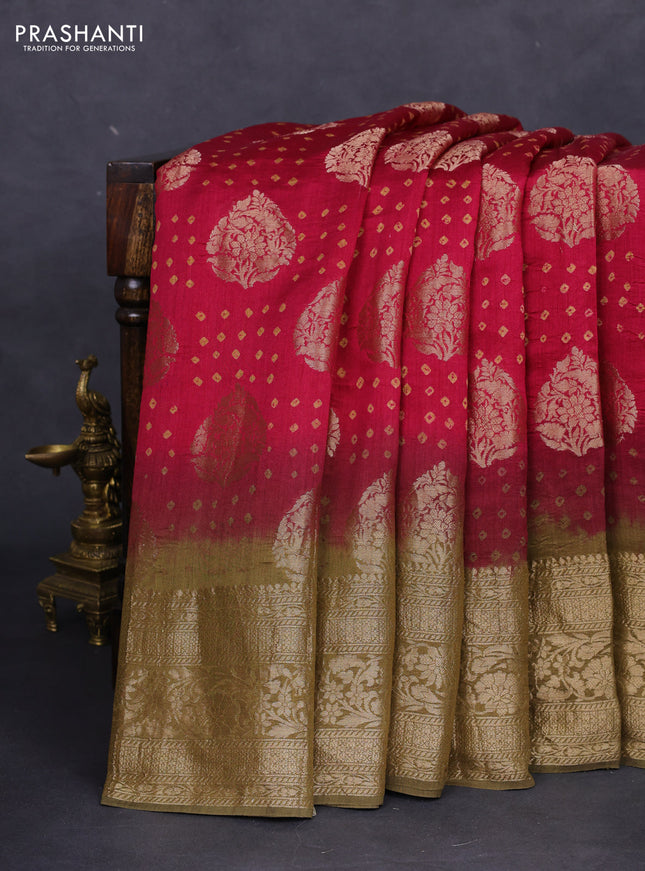 Chiniya silk saree magenta pink and military green with allover zari buttas & bandhini prints and zari woven border