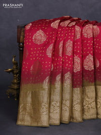 Chiniya silk saree magenta pink and military green with allover zari buttas & bandhini prints and zari woven border