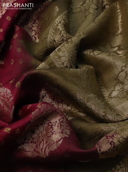 Chiniya silk saree magenta pink and military green with allover zari buttas & bandhini prints and zari woven border