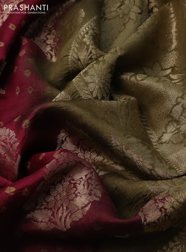 Chiniya silk saree magenta pink and military green with allover zari buttas & bandhini prints and zari woven border