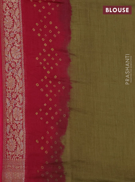 Chiniya silk saree magenta pink and military green with allover zari buttas & bandhini prints and zari woven border