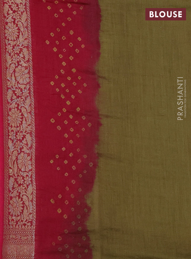 Chiniya silk saree magenta pink and military green with allover zari buttas & bandhini prints and zari woven border