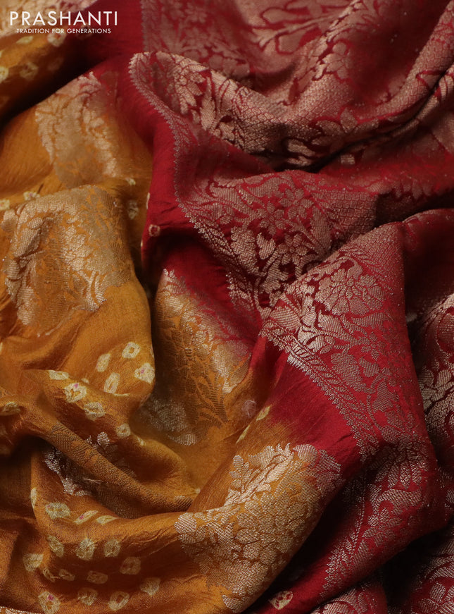 Chiniya silk saree mustard yellow and maroon with allover zari buttas & bandhini prints and zari woven border