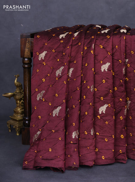 Chiniya silk saree deep maroon and mustard yellow with allover zari buttas & bandhini prints in borderless style
