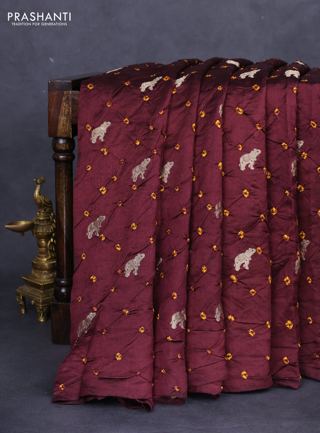 Chiniya silk saree deep maroon and mustard yellow with allover zari buttas & bandhini prints in borderless style