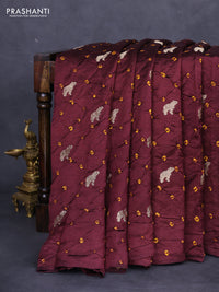 Chiniya silk saree deep maroon and mustard yellow with allover zari buttas & bandhini prints in borderless style
