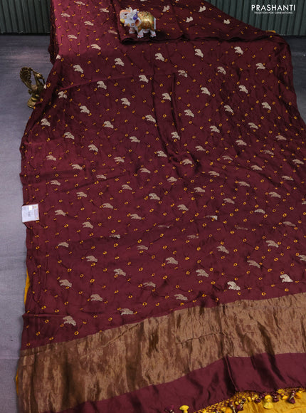 Chiniya silk saree deep maroon and mustard yellow with allover zari buttas & bandhini prints in borderless style