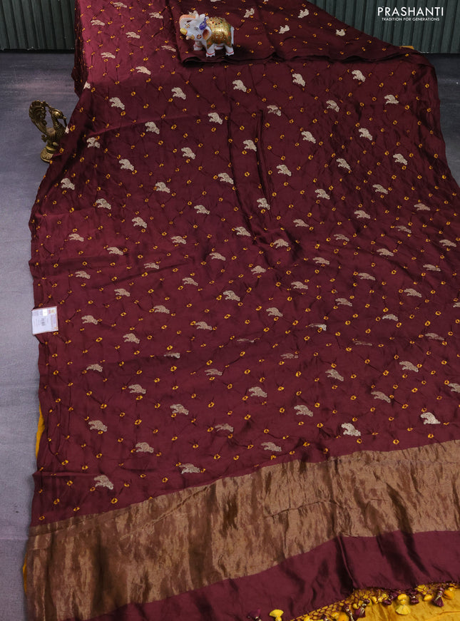 Chiniya silk saree deep maroon and mustard yellow with allover zari buttas & bandhini prints in borderless style