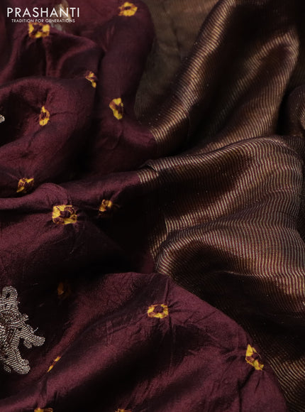 Chiniya silk saree deep maroon and mustard yellow with allover zari buttas & bandhini prints in borderless style