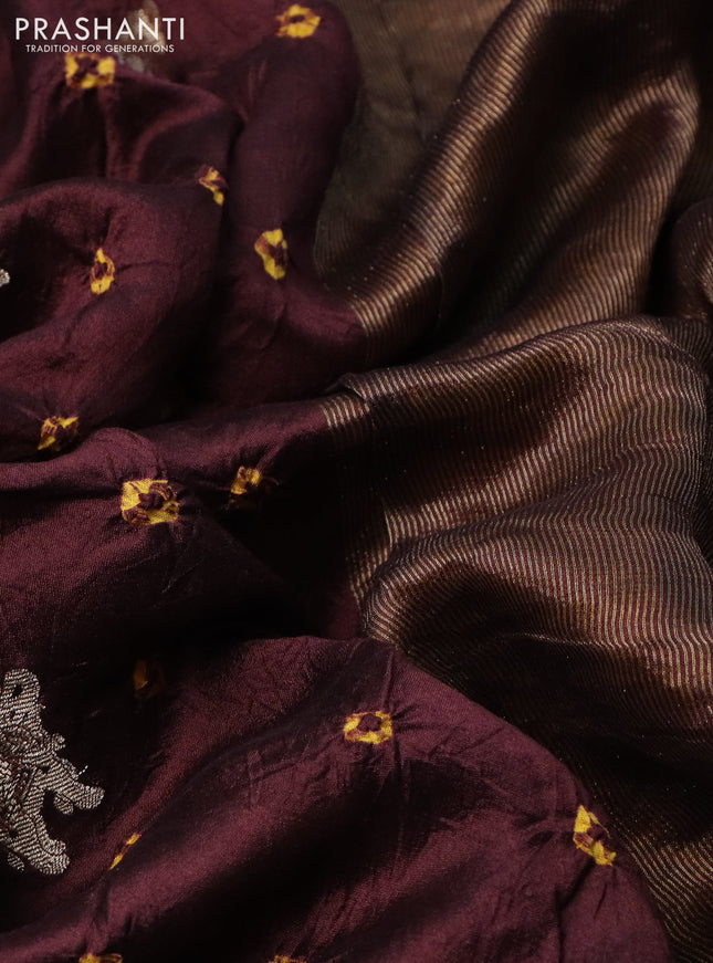 Chiniya silk saree deep maroon and mustard yellow with allover zari buttas & bandhini prints in borderless style