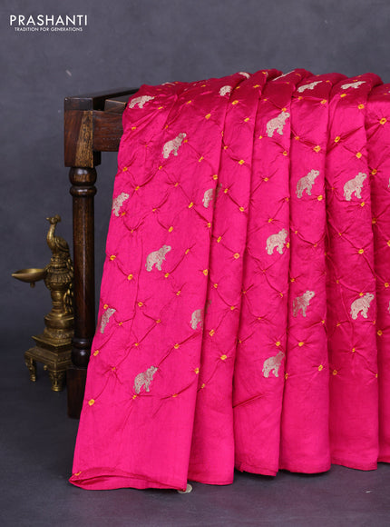 Chiniya silk saree pink and mustard yellow with allover zari buttas & bandhini prints in borderless style