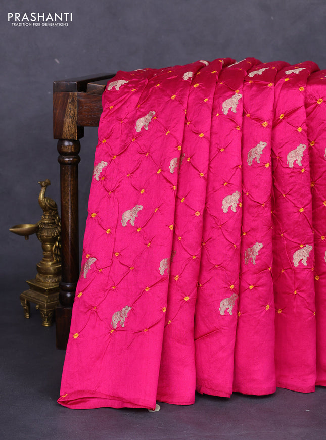 Chiniya silk saree pink and mustard yellow with allover zari buttas & bandhini prints in borderless style