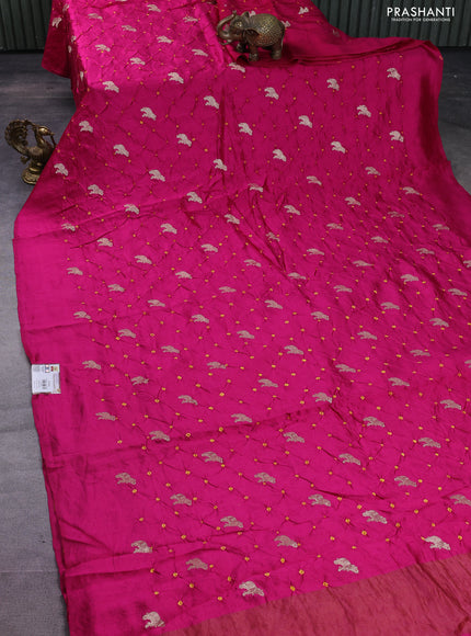 Chiniya silk saree pink and mustard yellow with allover zari buttas & bandhini prints in borderless style