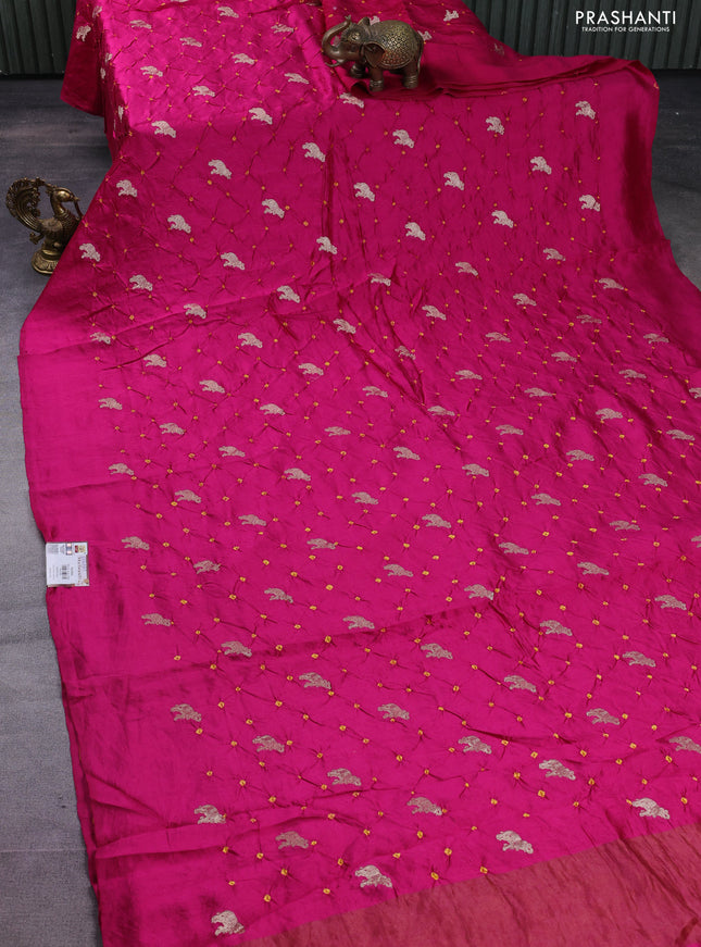 Chiniya silk saree pink and mustard yellow with allover zari buttas & bandhini prints in borderless style