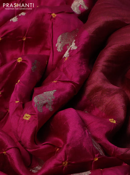 Chiniya silk saree pink and mustard yellow with allover zari buttas & bandhini prints in borderless style