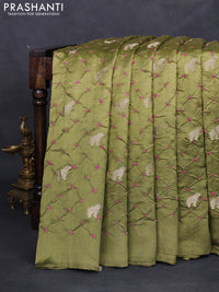 Chiniya silk saree mehendi green with allover zari buttas & bandhini prints in borderless style