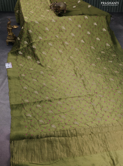 Chiniya silk saree mehendi green with allover zari buttas & bandhini prints in borderless style
