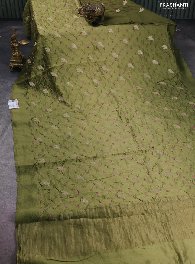 Chiniya silk saree mehendi green with allover zari buttas & bandhini prints in borderless style
