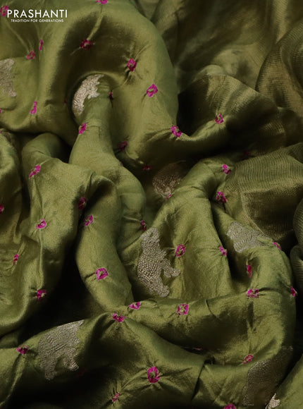 Chiniya silk saree mehendi green with allover zari buttas & bandhini prints in borderless style