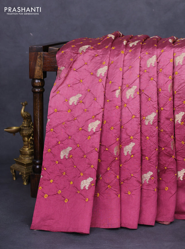 Chiniya silk saree mauve pink with allover zari buttas & bandhini prints in borderless style