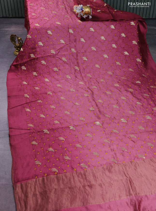Chiniya silk saree mauve pink with allover zari buttas & bandhini prints in borderless style