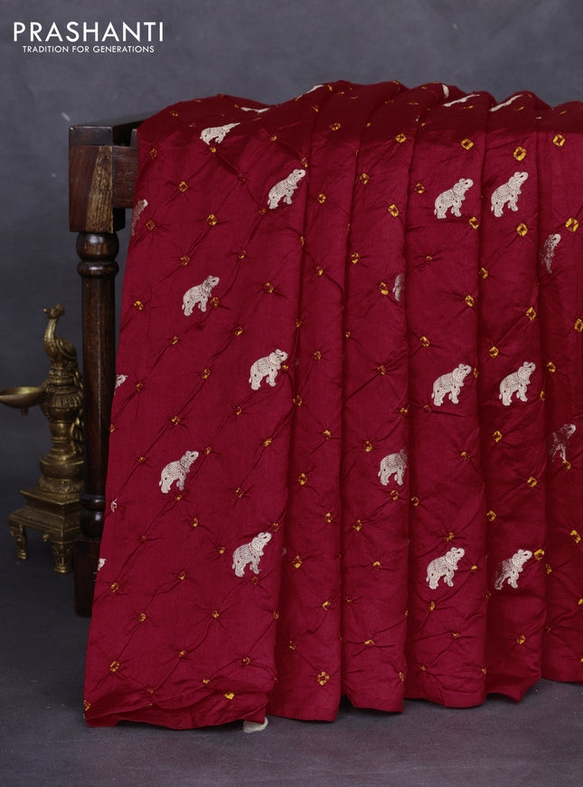 Chiniya silk saree red and mustard yellow with allover zari buttas & bandhini prints in borderless style