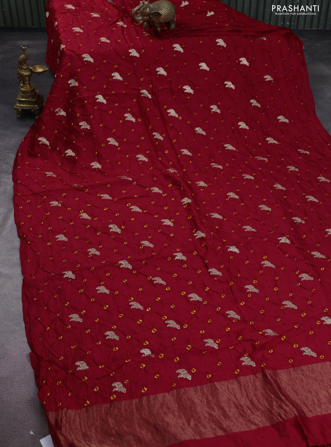 Chiniya silk saree red and mustard yellow with allover zari buttas & bandhini prints in borderless style