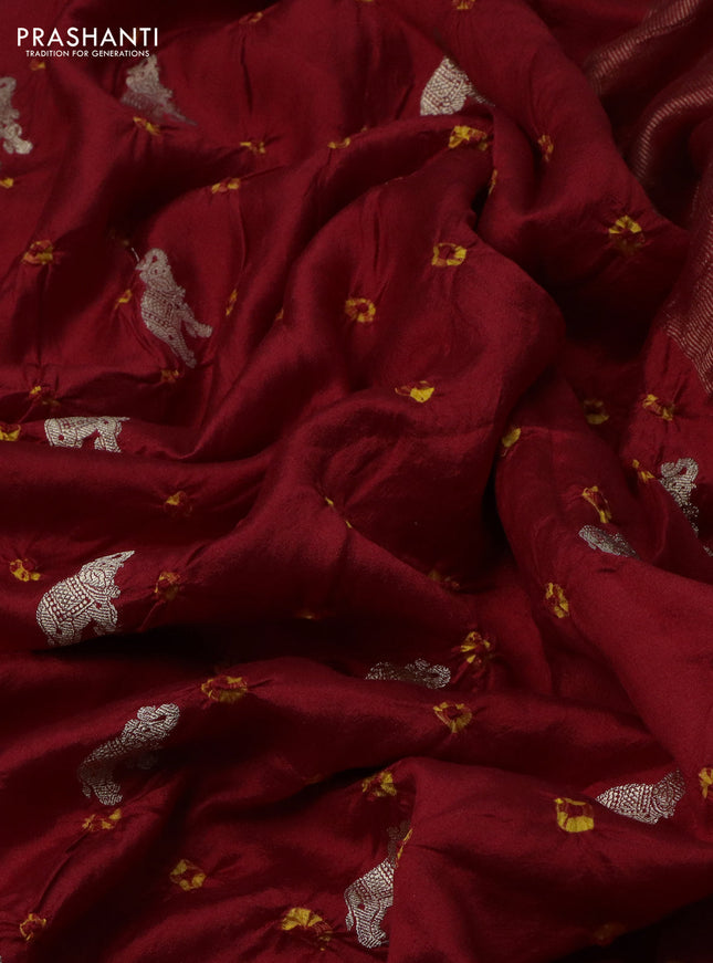 Chiniya silk saree red and mustard yellow with allover zari buttas & bandhini prints in borderless style