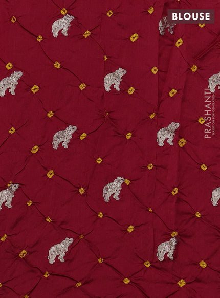 Chiniya silk saree red and mustard yellow with allover zari buttas & bandhini prints in borderless style