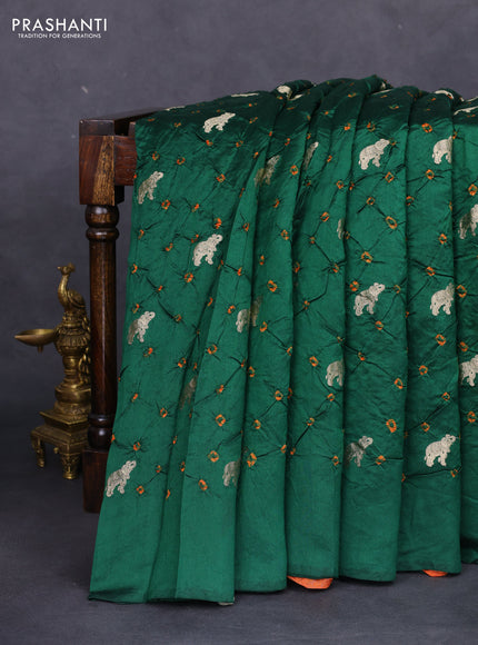 Chiniya silk saree green and orange with allover zari buttas & bandhini prints in borderless style