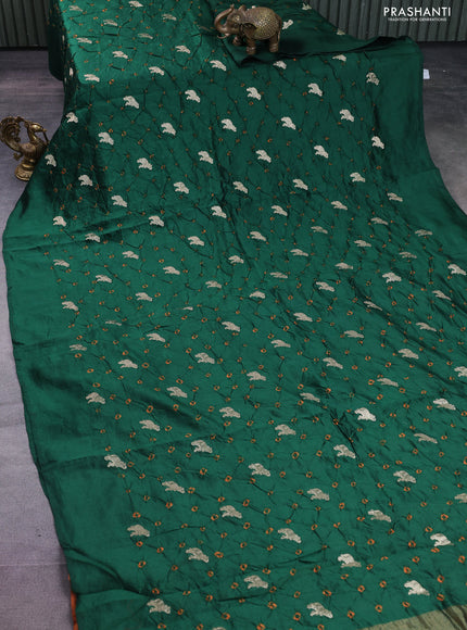 Chiniya silk saree green and orange with allover zari buttas & bandhini prints in borderless style
