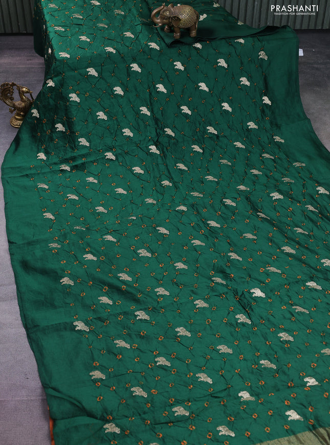 Chiniya silk saree green and orange with allover zari buttas & bandhini prints in borderless style