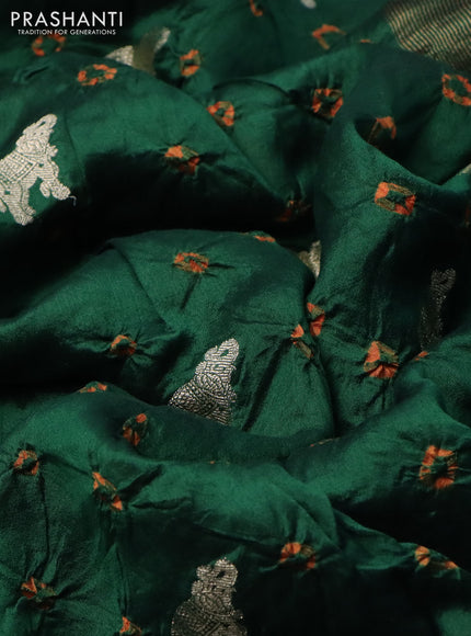 Chiniya silk saree green and orange with allover zari buttas & bandhini prints in borderless style