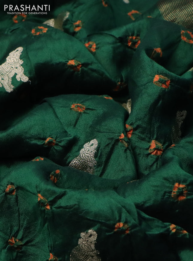 Chiniya silk saree green and orange with allover zari buttas & bandhini prints in borderless style