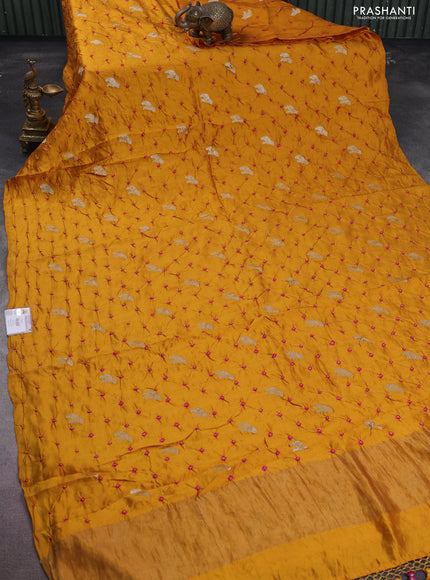 Chiniya silk saree mustard yellow and pink with allover zari buttas & bandhini prints in borderless style