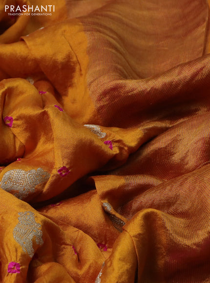 Chiniya silk saree mustard yellow and pink with allover zari buttas & bandhini prints in borderless style