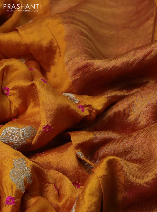 Chiniya silk saree mustard yellow and pink with allover zari buttas & bandhini prints in borderless style