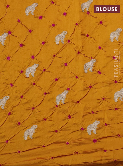 Chiniya silk saree mustard yellow and pink with allover zari buttas & bandhini prints in borderless style