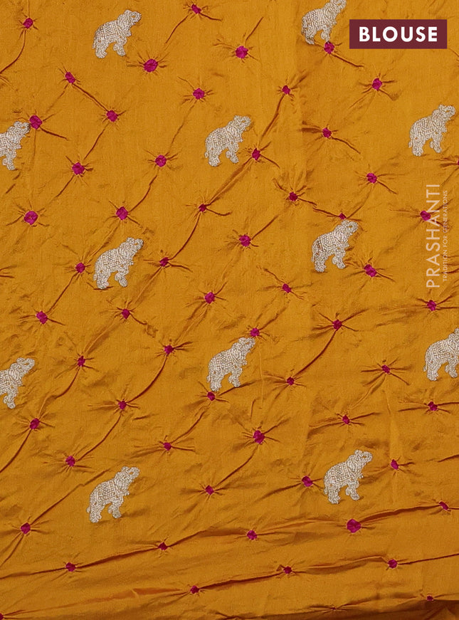 Chiniya silk saree mustard yellow and pink with allover zari buttas & bandhini prints in borderless style