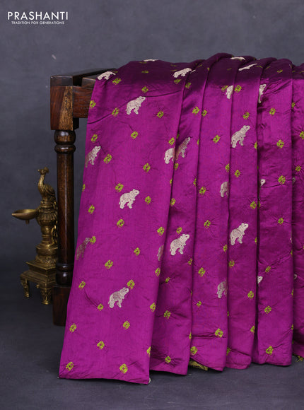 Chiniya silk saree purple and mehendi green with allover zari buttas & bandhini prints in borderless style