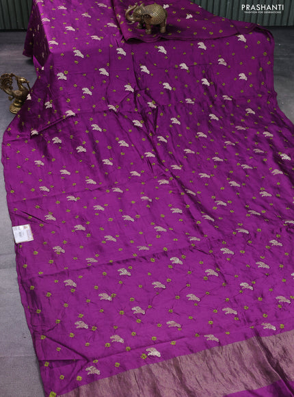 Chiniya silk saree purple and mehendi green with allover zari buttas & bandhini prints in borderless style