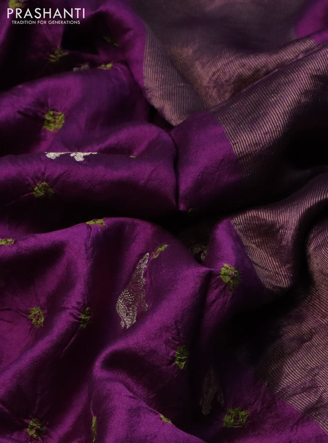 Chiniya silk saree purple and mehendi green with allover zari buttas & bandhini prints in borderless style