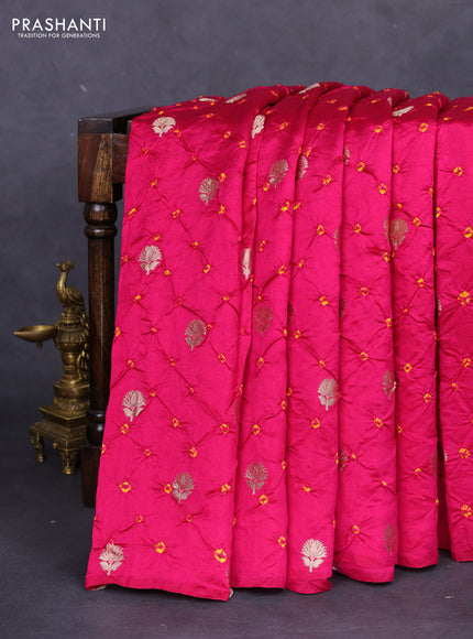 Chiniya silk saree pink and mustard yellow with allover zari buttas & bandhini prints in borderless style