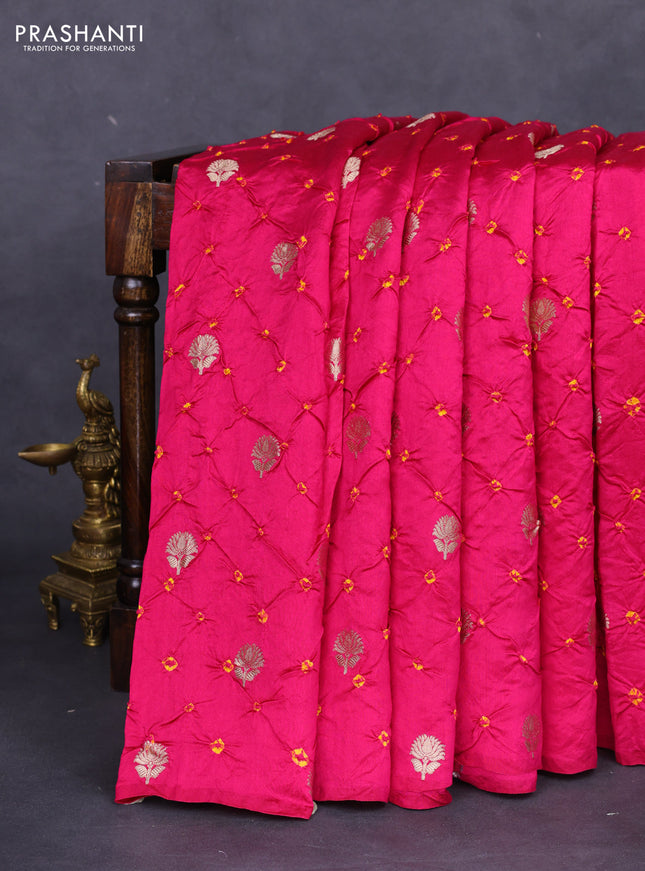 Chiniya silk saree pink and mustard yellow with allover zari buttas & bandhini prints in borderless style