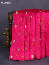 Chiniya silk saree pink and mustard yellow with allover zari buttas & bandhini prints in borderless style